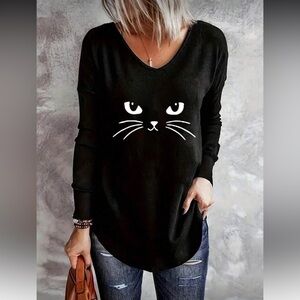 Black Cat Face Long Sleeve T Plus Sz 2X nwt
